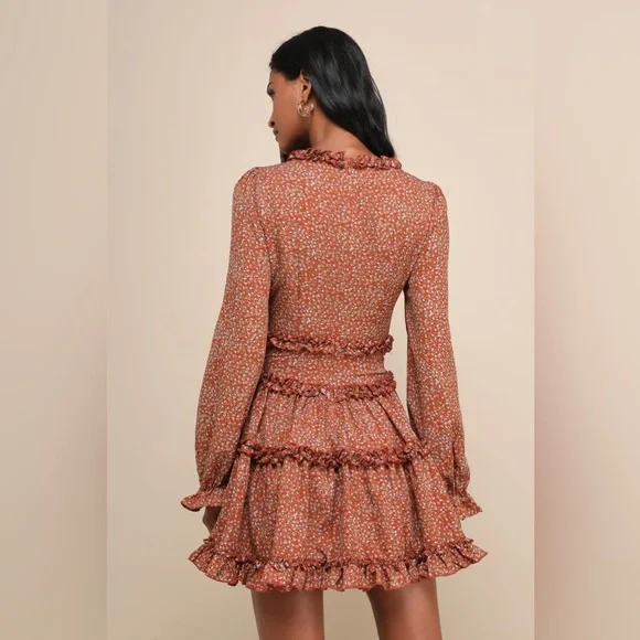 Lulus Admire You Orange Floral Print Ruffled Long Sleeve Cottagecore Mini Dress - Picture 3 of 10